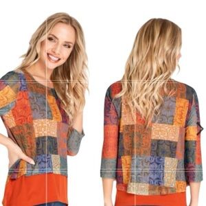 Multiples Patchwork Bohemian Multicolor Boho Layered Hem Top Plus Size 2X